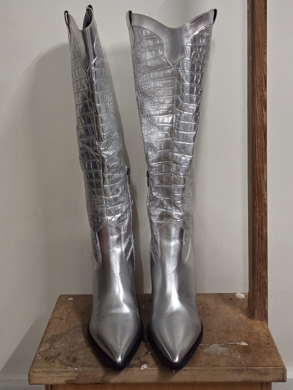 Metallic Silver Croc-Embossed Knee-High Boots - Women's
